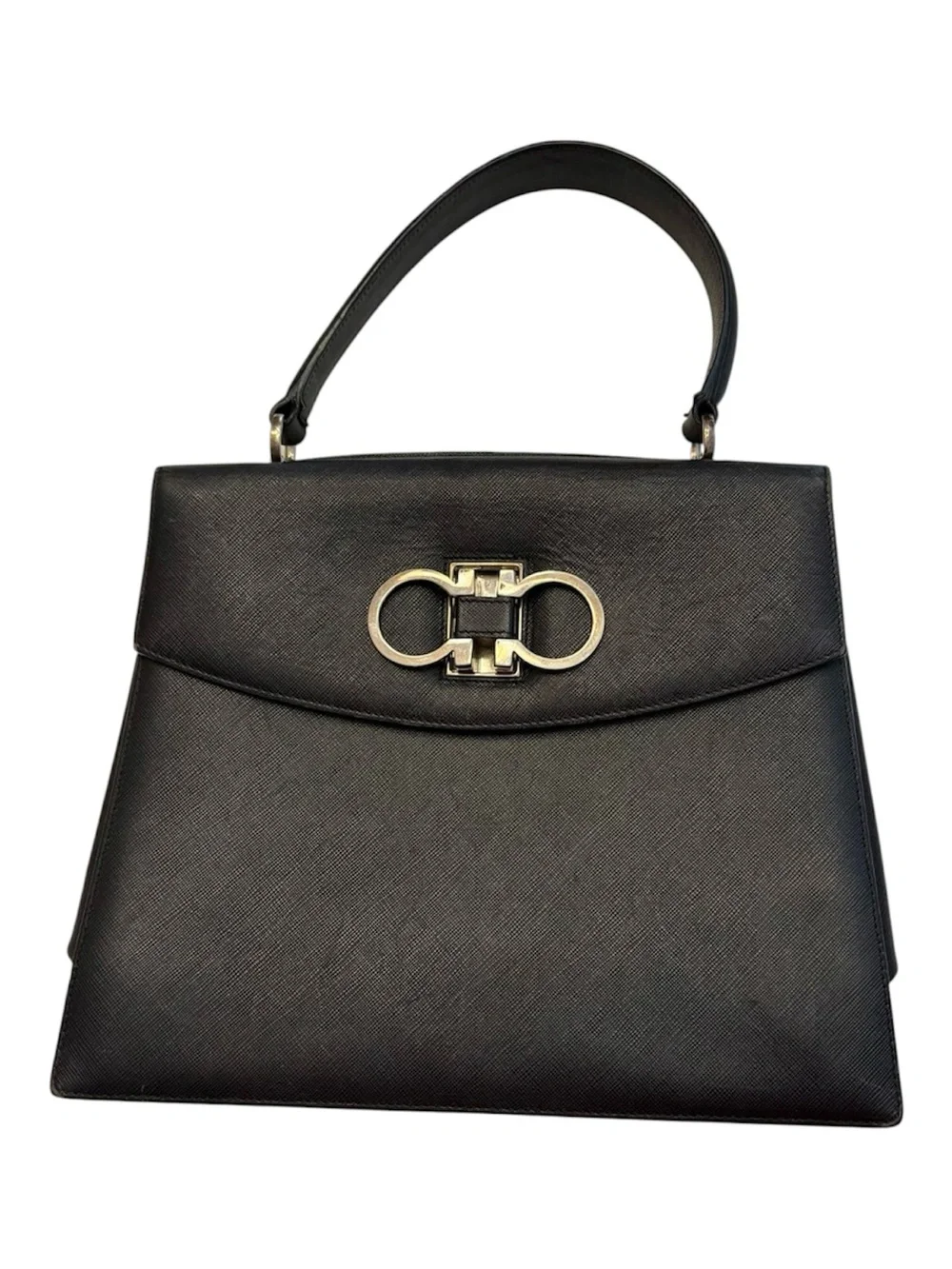Salvatore Ferragamo Double Gancini Top Handle Black Leather Bag Made in Italy